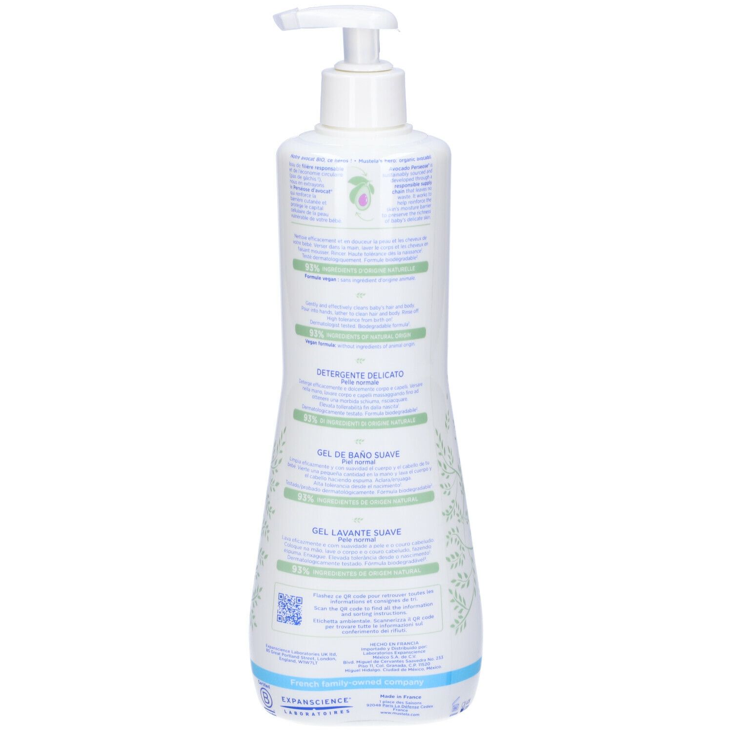 Retro del flacone bianco. Scritta Mustela, Gel Lavant Doux, 750ml. Ingredienti.