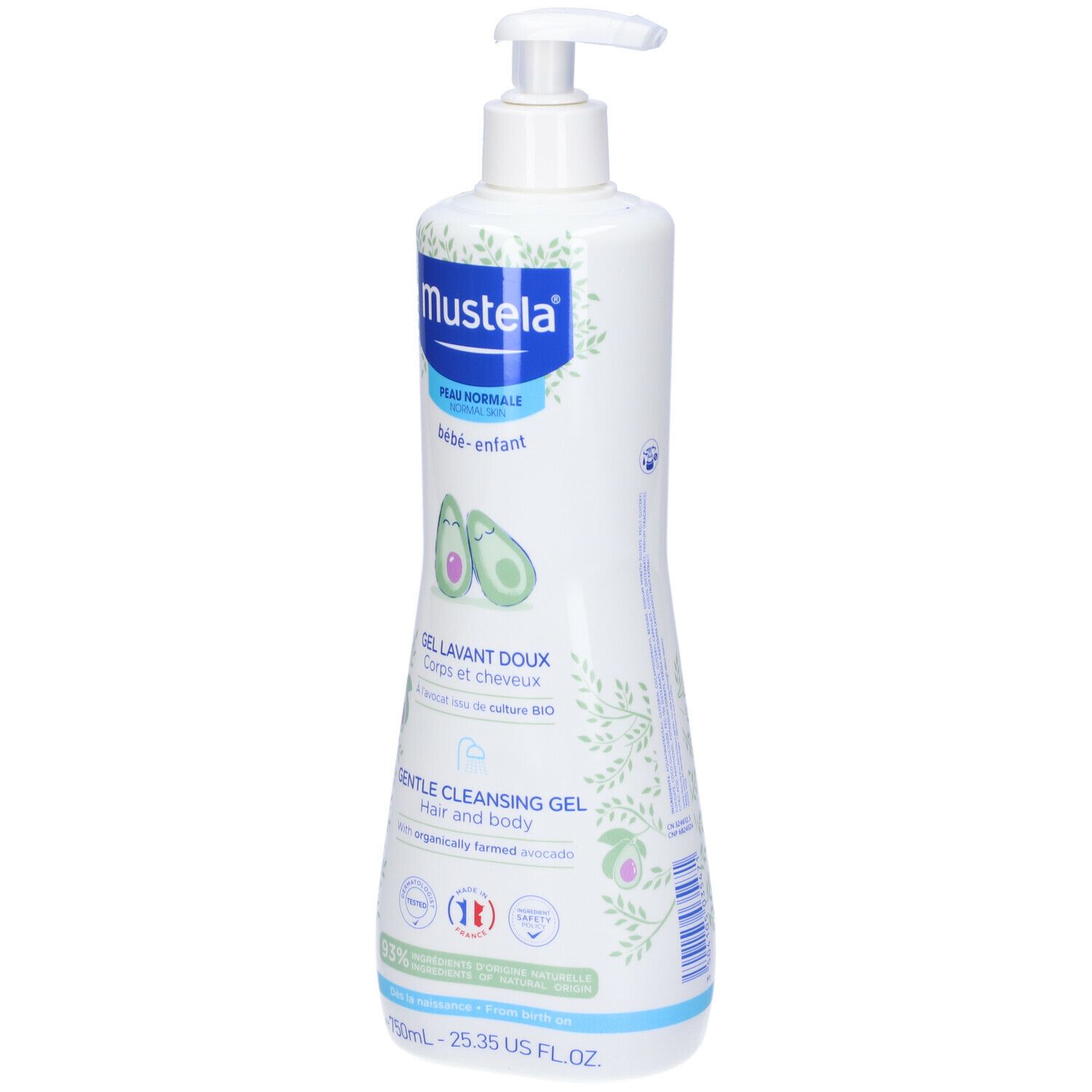 Flacone bianco con dosatore blu. Scritta Mustela, Gel Lavant Doux, 750ml. Per pelli normali.