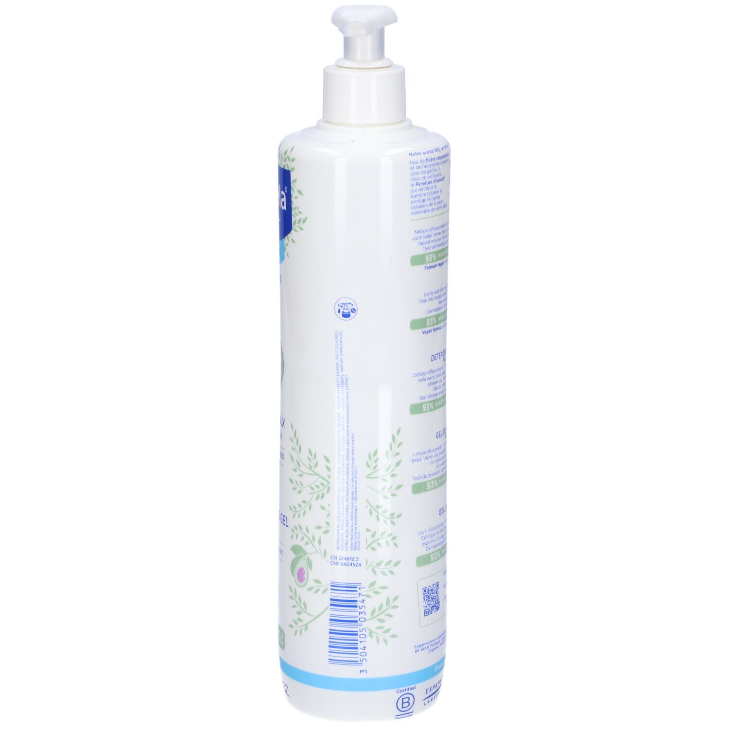 Vista laterale del flacone bianco. Scritta Mustela, Gel Lavant Doux, 750ml. Codice a barre.