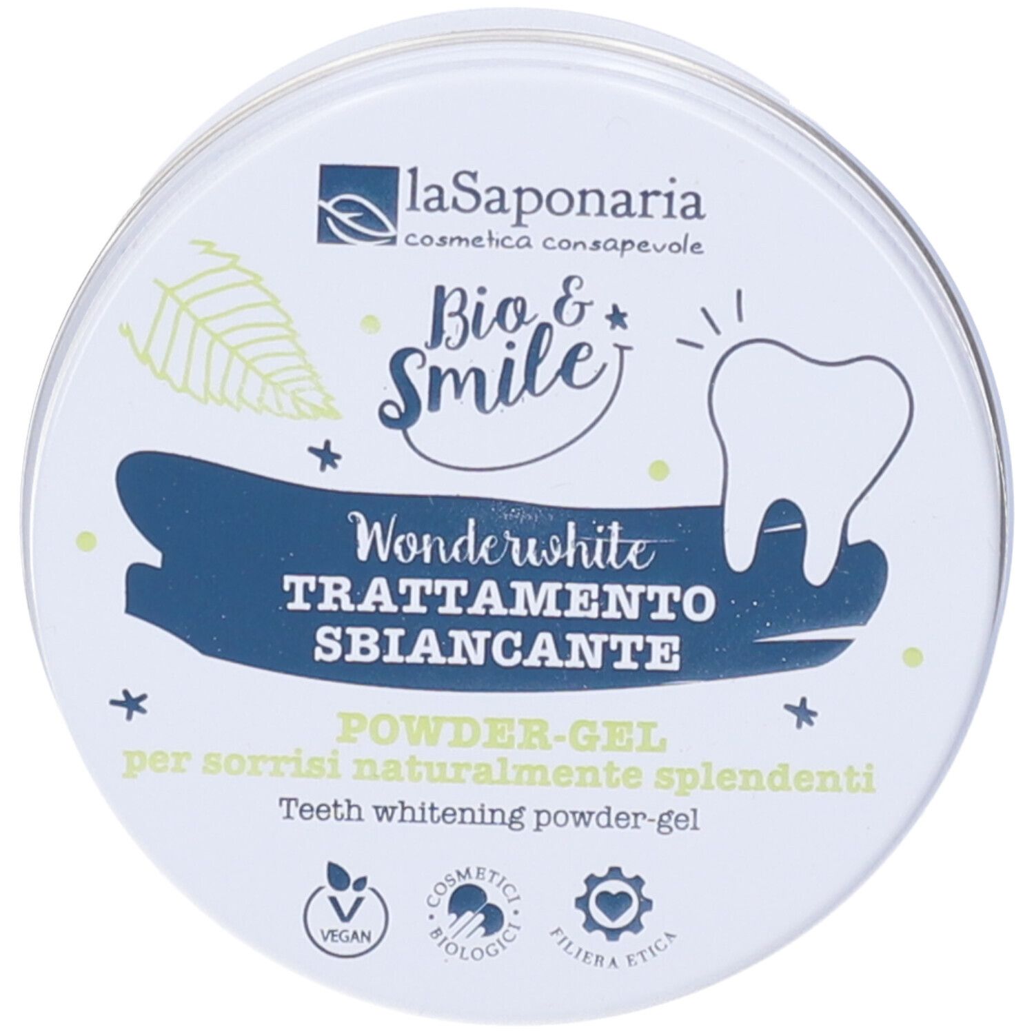 Barattolo rotondo con logo "La Saponaria" e scritta "Bio & Smile". Visibili anche "Wonderwhite" e "Trattamento Sbiancante".