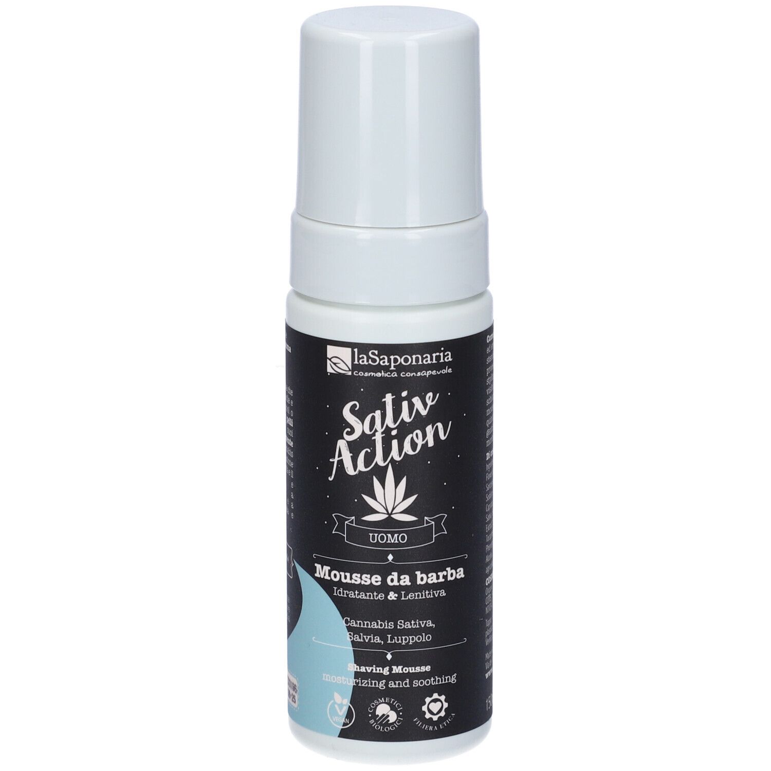 Flacone bianco e nero con tappo bianco. Scritta: La Saponaria, Sativ Action, Mousse da barba, Uomo.