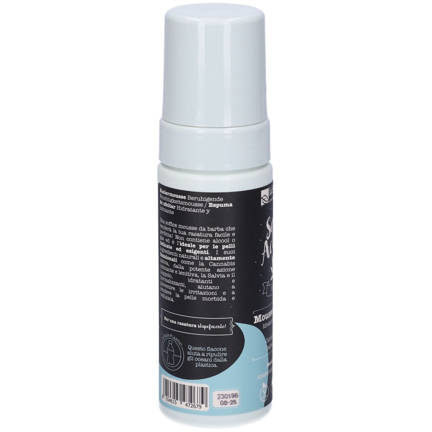 Retro del flacone. Testo in italiano. Scritta: La Saponaria, Sativ Action, Mousse da barba.