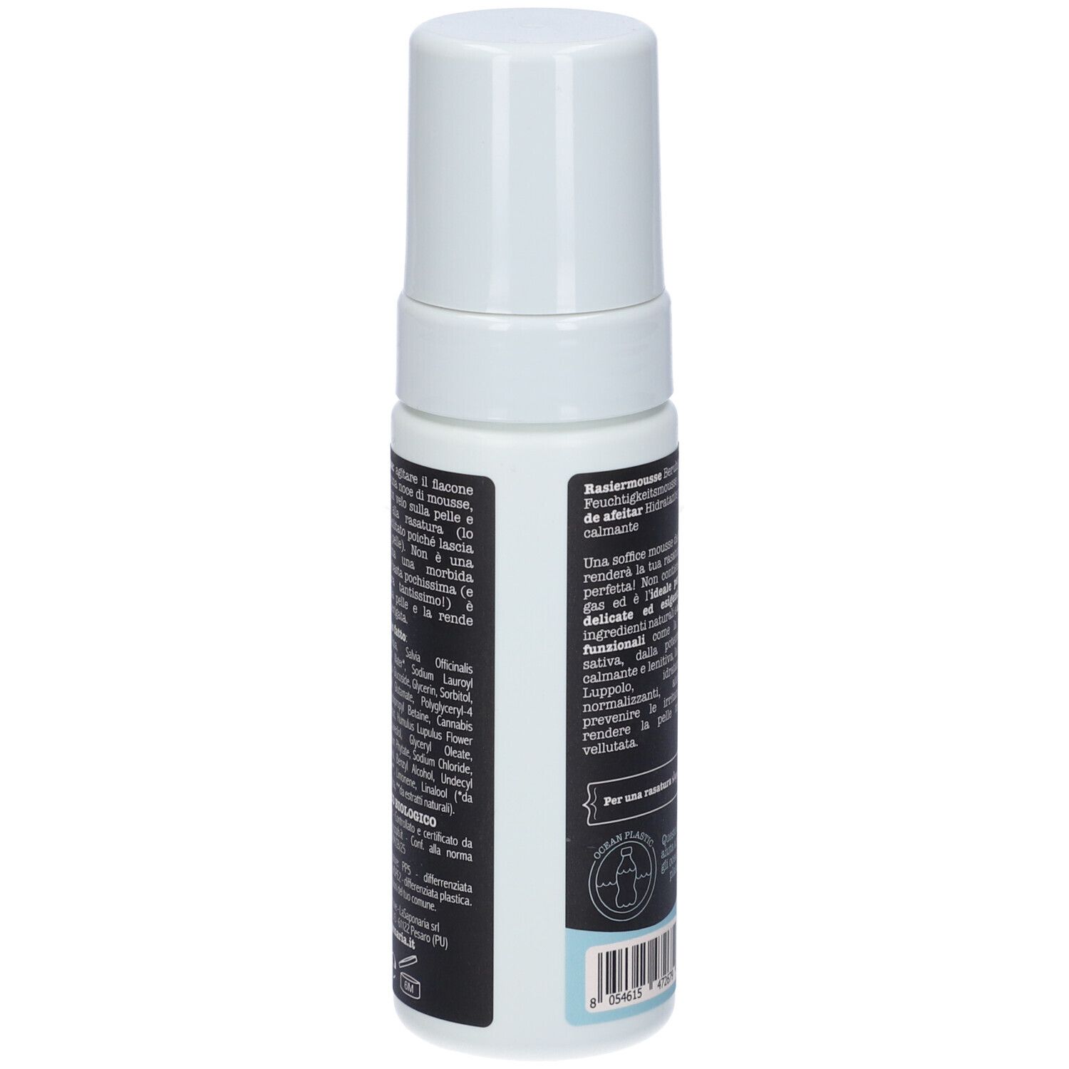Retro del flacone. Testo in italiano. Scritta: La Saponaria, Sativ Action, Mousse da barba.