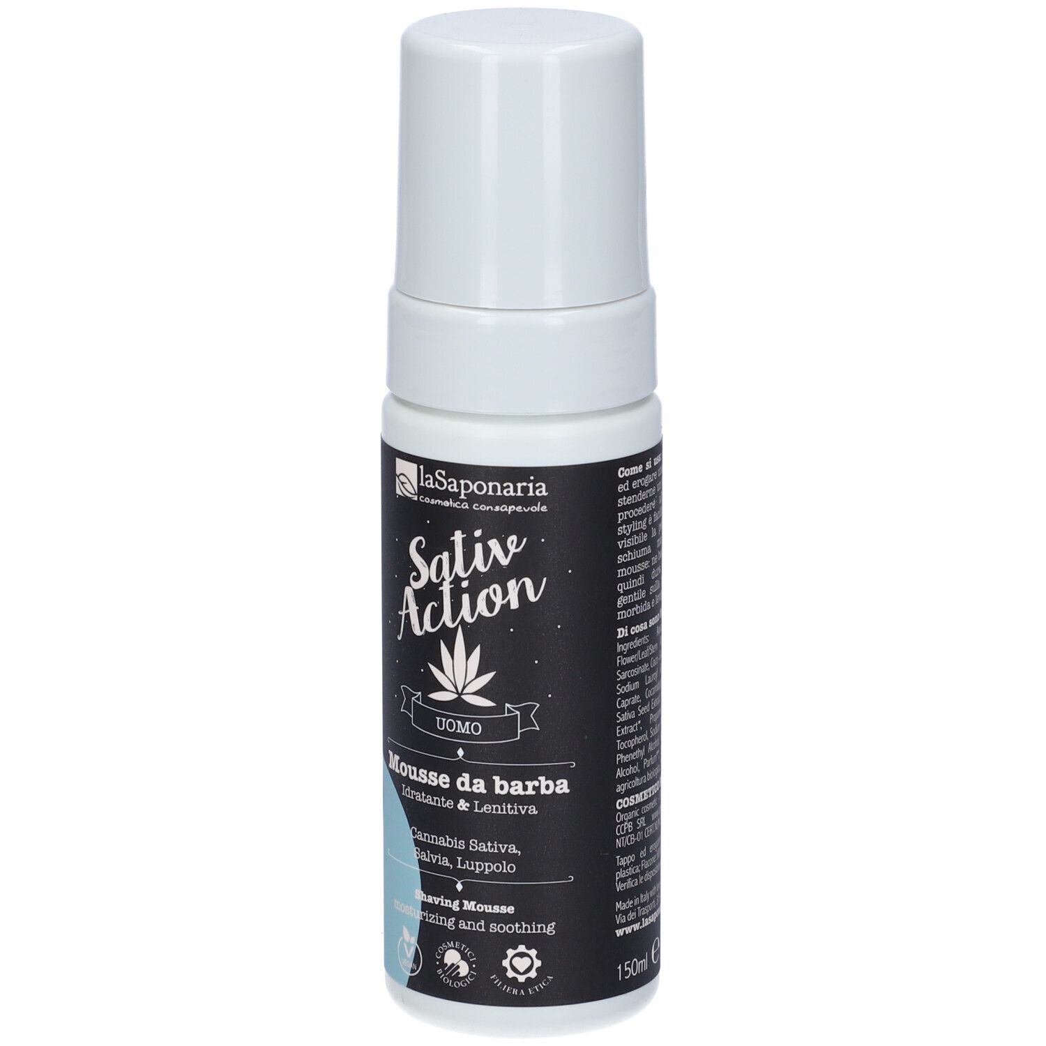 Flacone bianco e nero con tappo bianco. Scritta: La Saponaria, Sativ Action, Mousse da barba, Uomo, 150ml.