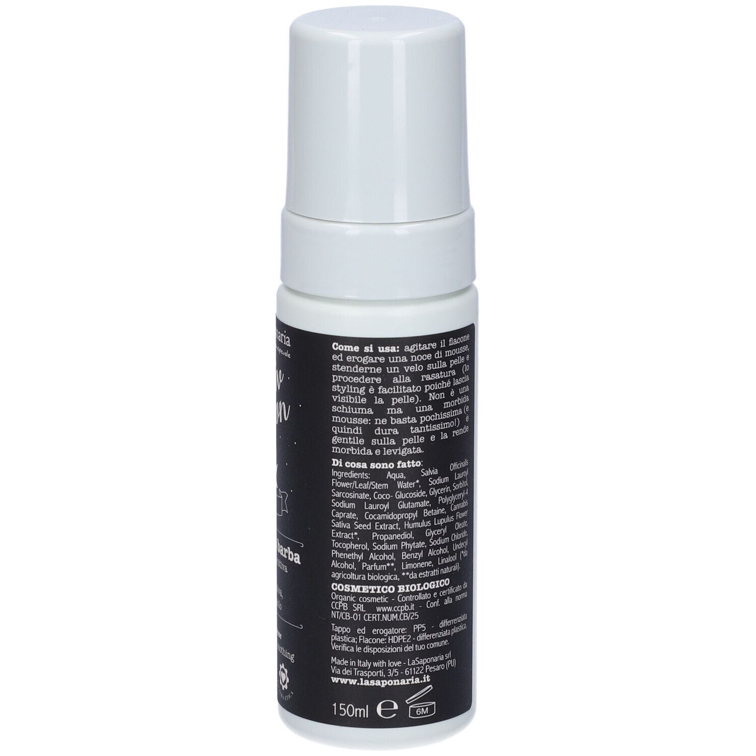 Retro del flacone. Testo in italiano. Scritta: La Saponaria, Sativ Action, Mousse da barba, 150ml.