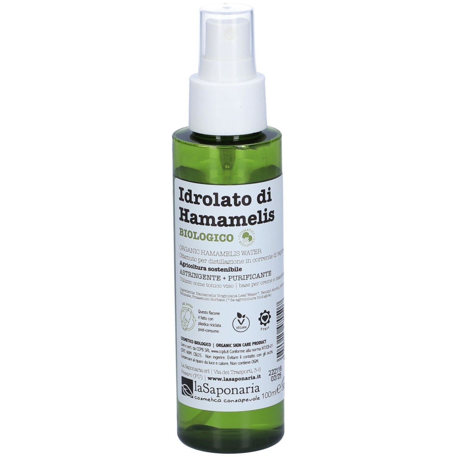Flacone spray verde con erogatore bianco. Scritta: Idrolato di Hamamelis, biologico. Logo: La Saponaria.