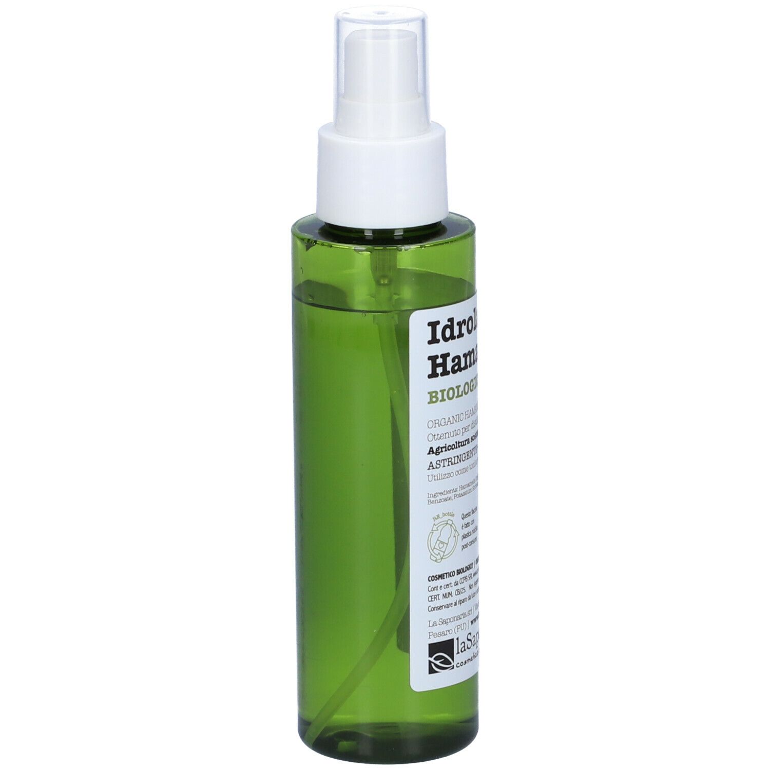 Flacone spray verde con erogatore bianco. Etichetta prodotto con testo. Logo: La Saponaria.
