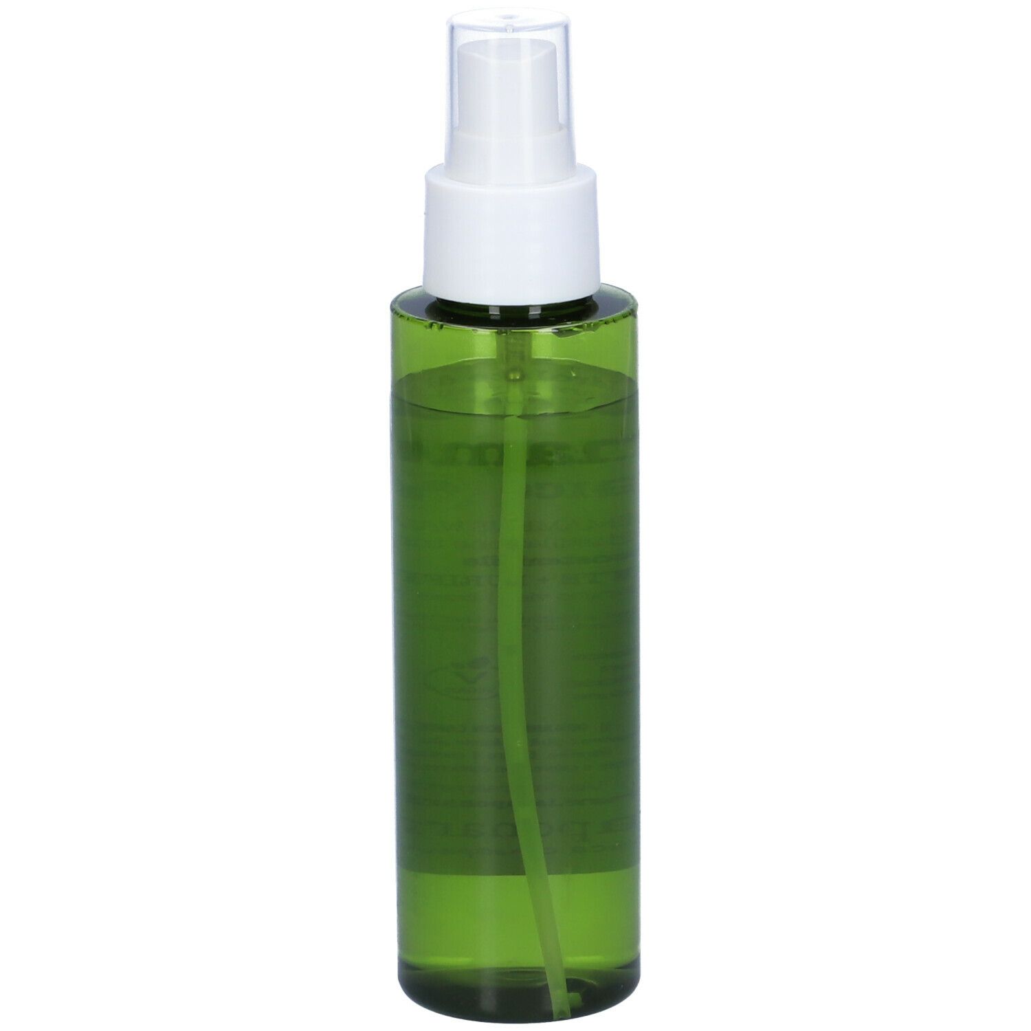 Flacone spray verde con erogatore bianco. Etichetta prodotto con testo. Logo: La Saponaria.