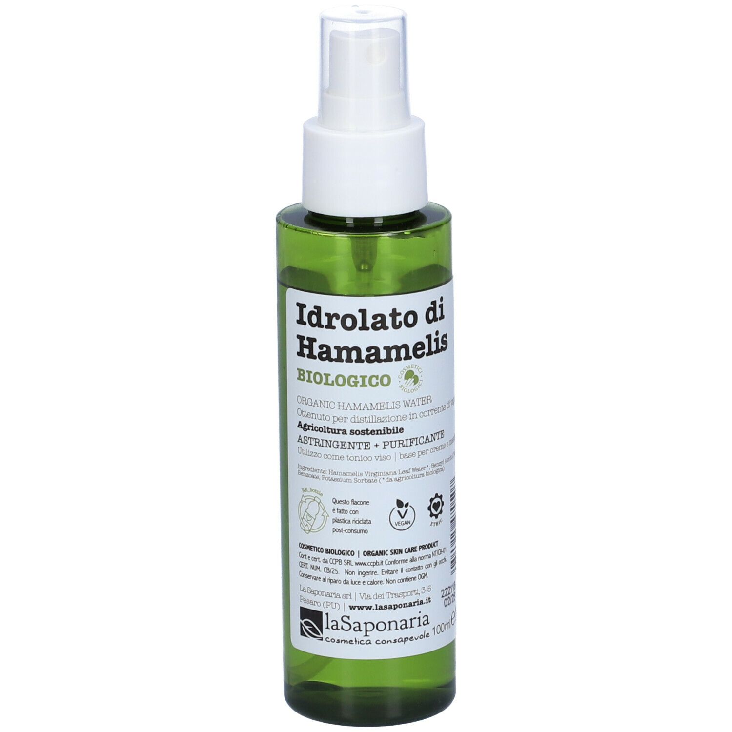 Flacone spray verde con erogatore bianco. Scritta: Idrolato di Hamamelis, biologico. Logo: La Saponaria.