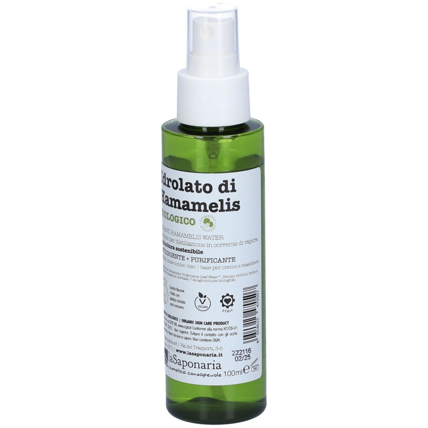 Flacone spray verde con erogatore bianco. Etichetta prodotto con testo. Logo: La Saponaria. Stampa: 100ml.