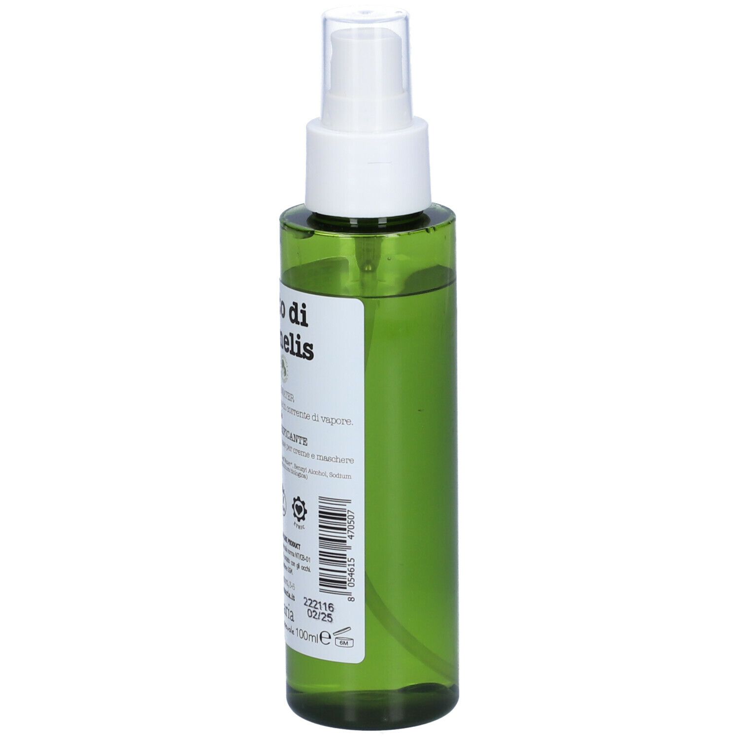 Flacone spray verde con erogatore bianco. Etichetta prodotto con testo. Logo: La Saponaria. Stampa: 100ml.