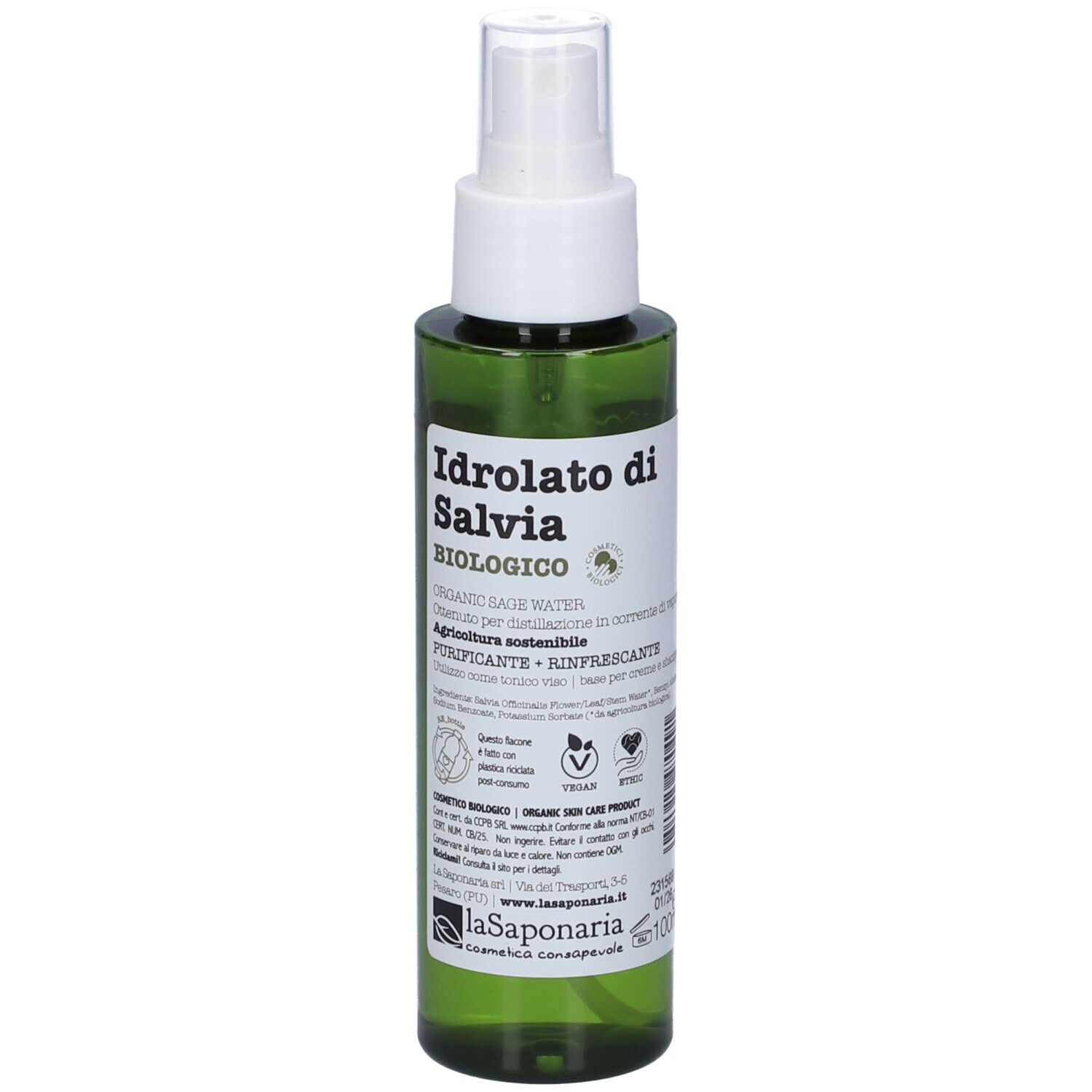 Flacone spray verde con erogatore bianco. Etichetta con nome prodotto e marchio bio. Testo in italiano.