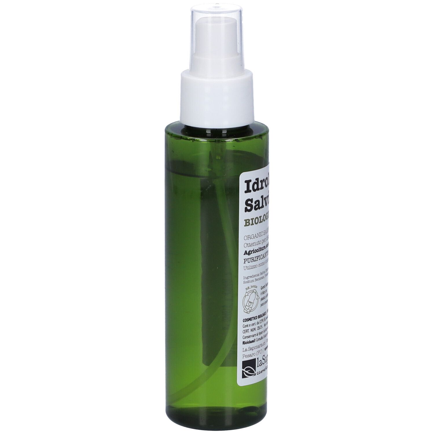 Flacone spray verde con erogatore bianco. Etichetta con nome prodotto e marchio bio. Testo in italiano.