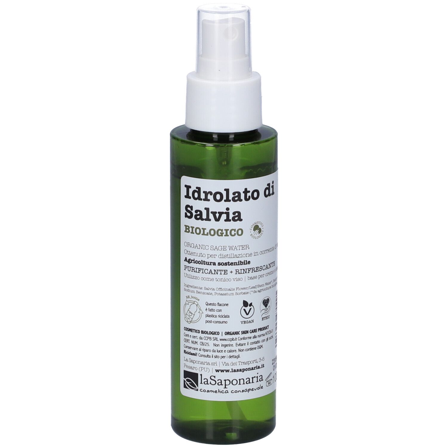 Flacone spray verde con erogatore bianco. Etichetta con nome prodotto e marchio bio. Testo in italiano.