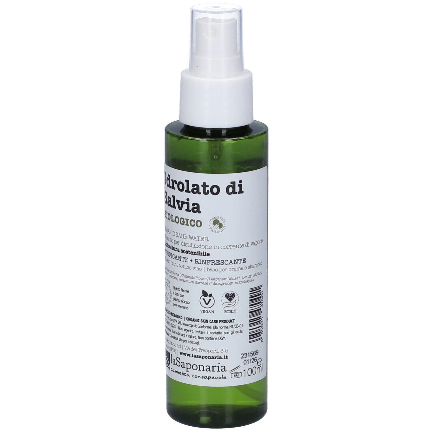 Flacone spray verde con erogatore bianco. Etichetta con nome prodotto e marchio bio. Testo in italiano.