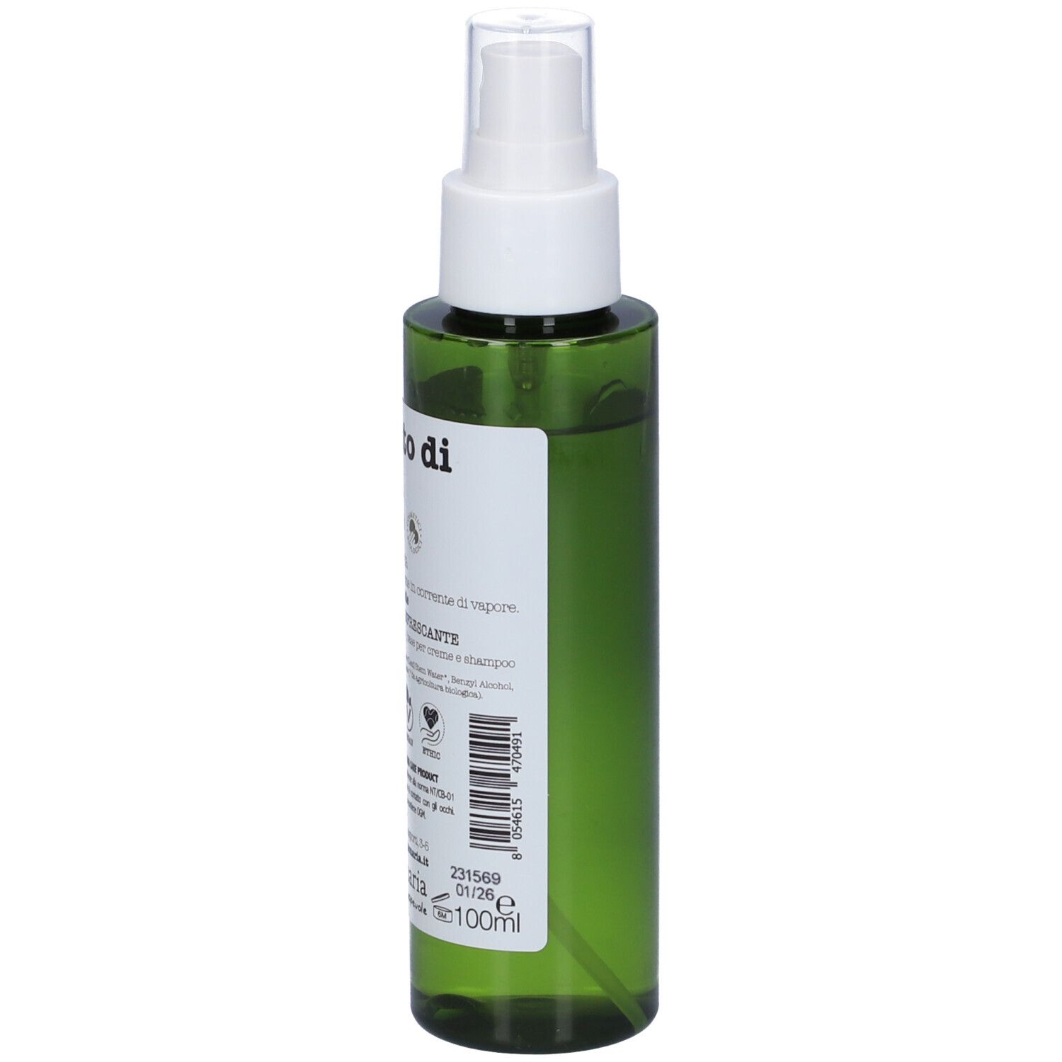 Flacone spray verde con erogatore bianco. Etichetta con nome prodotto e marchio bio. Testo in italiano.