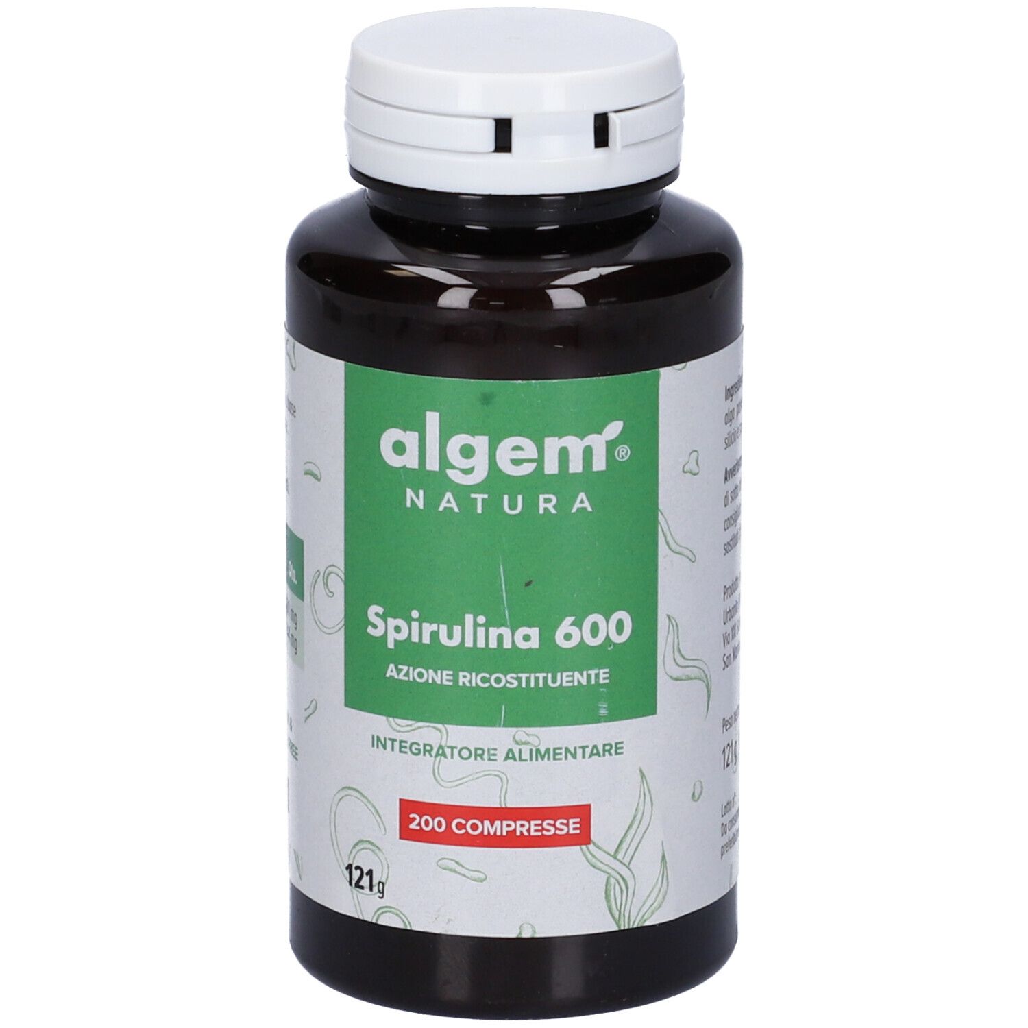 Flacone marrone con tappo bianco. Etichetta verde con logo e testo: Spirulina 600, 200 Compresse.