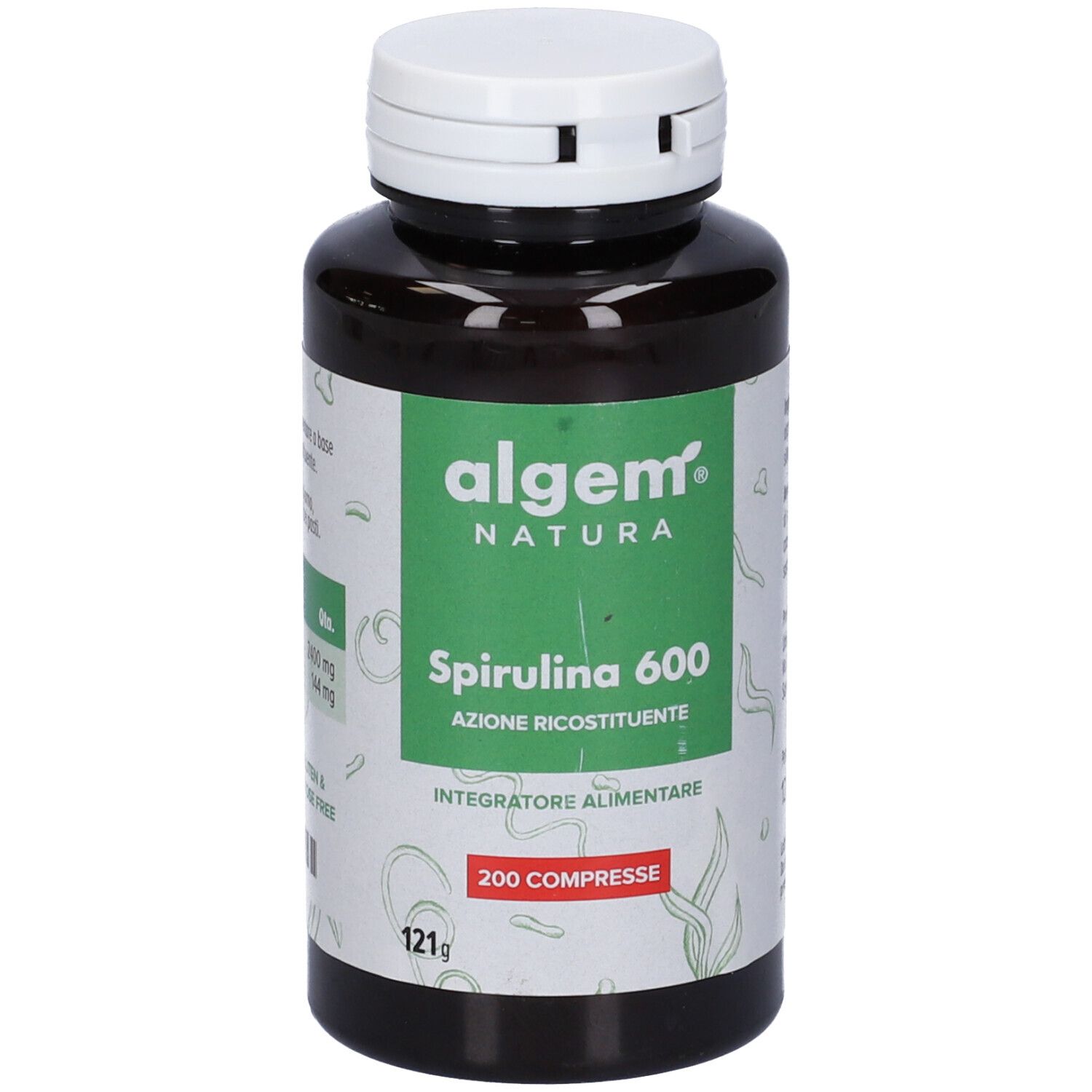 Flacone marrone con tappo bianco. Etichetta verde con logo e testo: Spirulina 600, 200 Compresse.