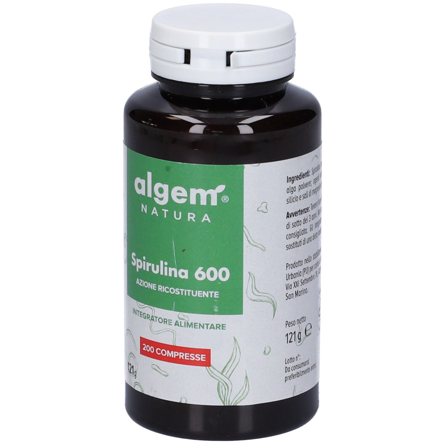 Flacone marrone con tappo bianco. Etichetta verde con logo e testo: Spirulina 600, 200 Compresse.