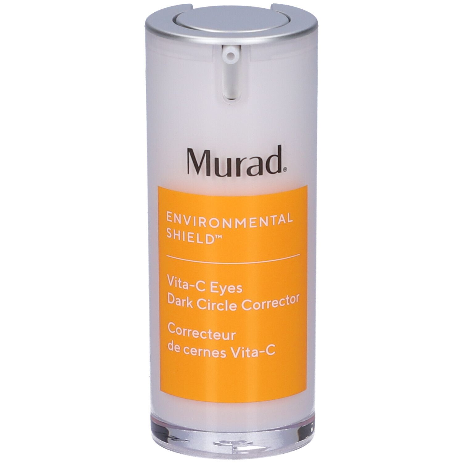 Murad Vita-C Eyes Dark Circle Corrector. Weiße Flasche mit silbernem Deckel und gelbem Etikett. Produktname und Marke sichtbar.