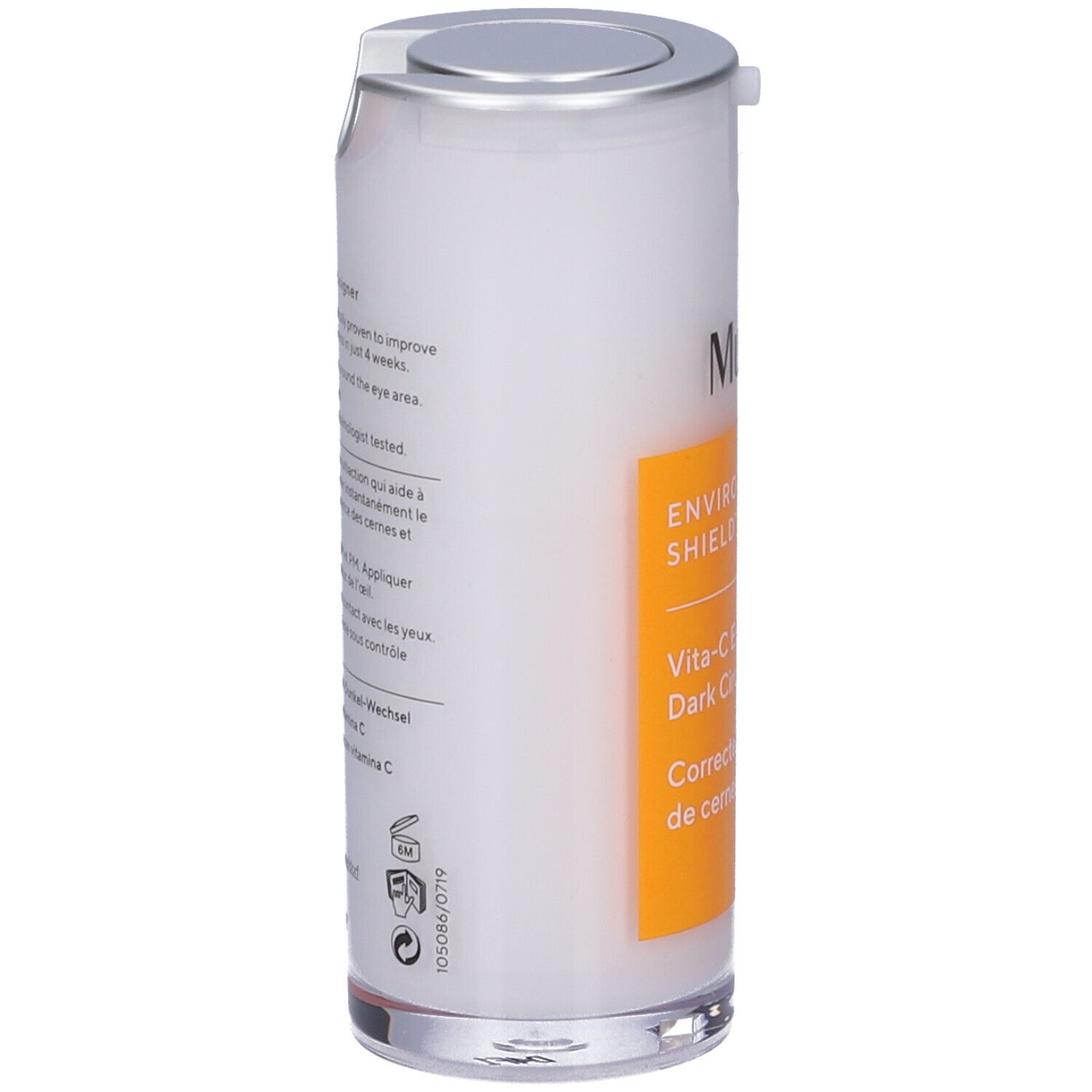 Murad Vita-C Eyes Dark Circle Corrector. Weiße Flasche mit silbernem Deckel und gelbem Etikett. Produktname und Marke sichtbar.