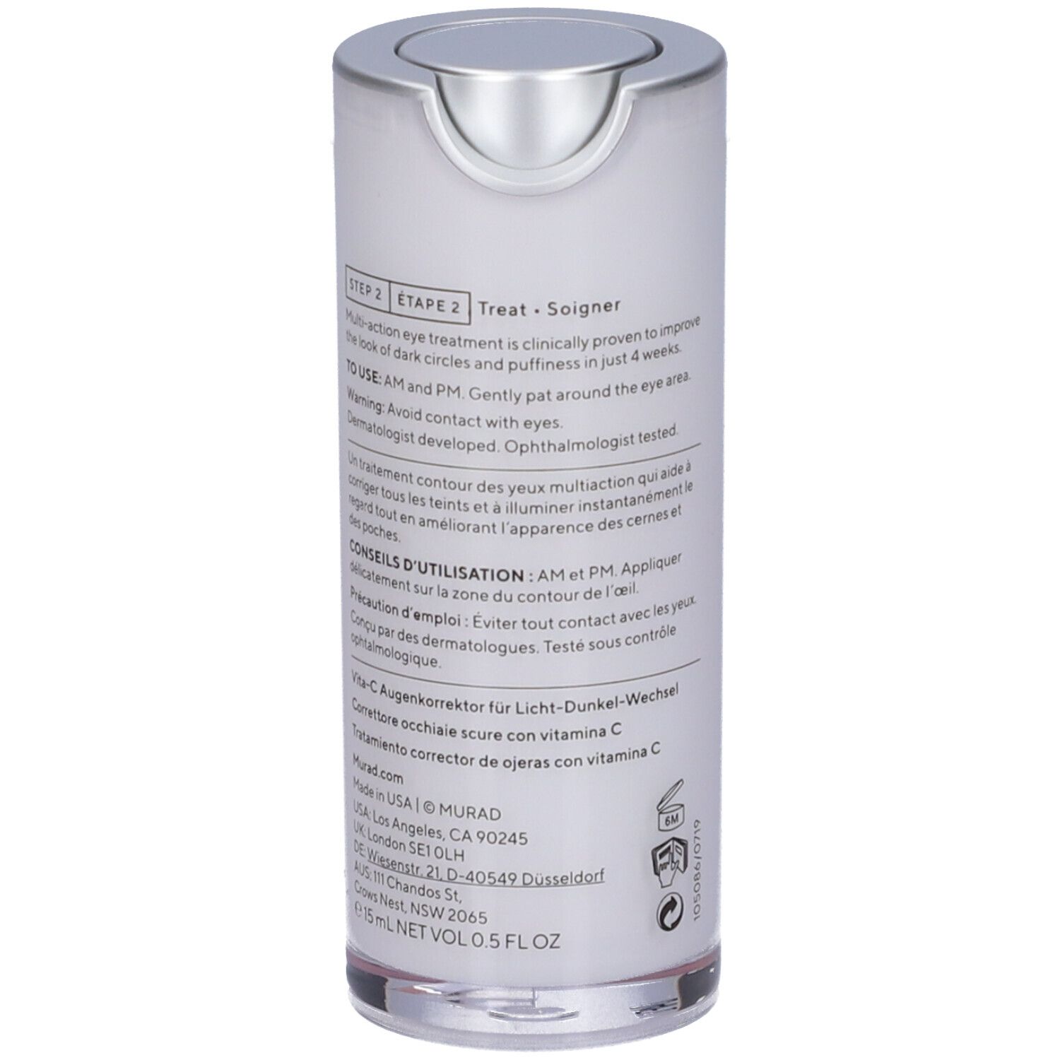 Murad Vita-C Eyes Dark Circle Corrector. Weiße Flasche mit silbernem Deckel und gelbem Etikett. Produktname und Marke sichtbar.