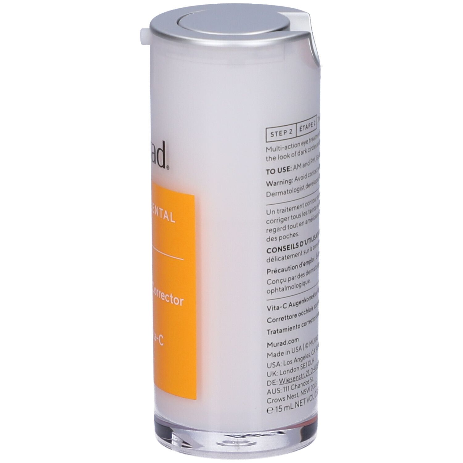 Murad Vita-C Eyes Dark Circle Corrector. Weiße Flasche mit silbernem Deckel und gelbem Etikett. Produktname und Marke sichtbar.