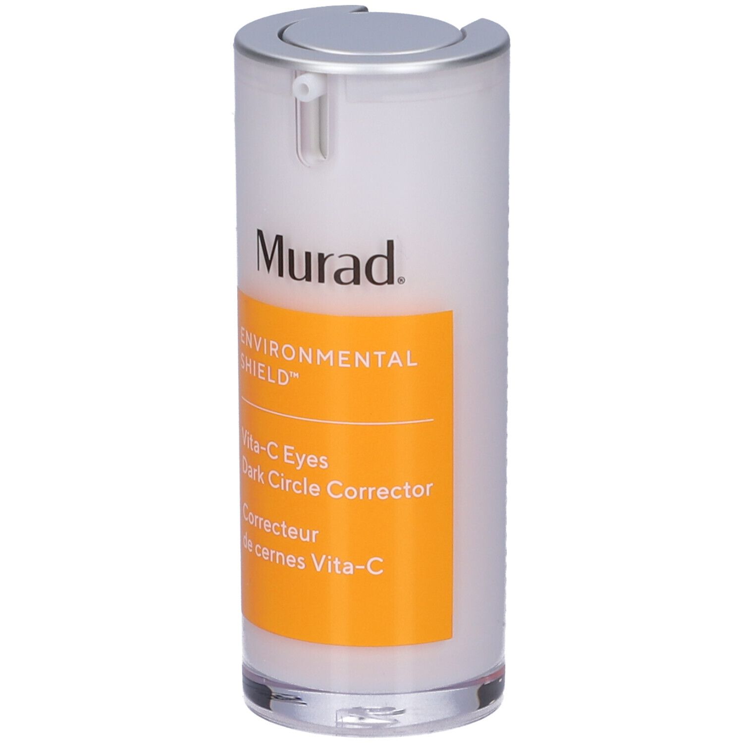 Murad Vita-C Eyes Dark Circle Corrector. Weiße Flasche mit silbernem Deckel und gelbem Etikett. Produktname und Marke sichtbar.