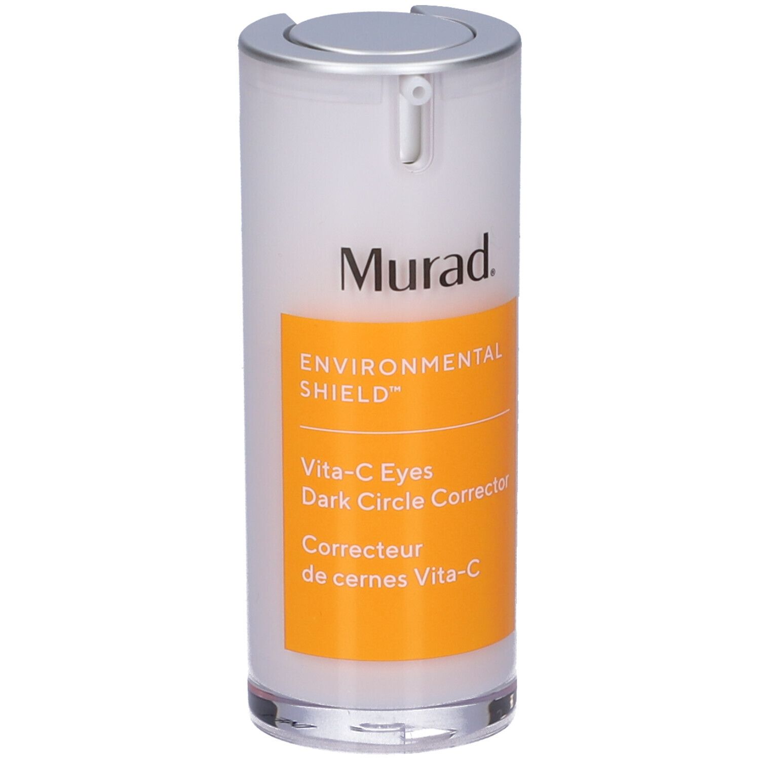 Murad Vita-C Eyes Dark Circle Corrector. Weiße Flasche mit silbernem Deckel und gelbem Etikett. Produktname und Marke sichtbar.