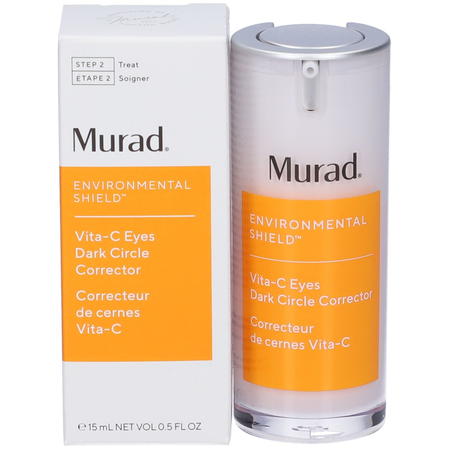 Murad Vita-C Eyes Dark Circle Corrector und Verpackung. Weiße Schachtel und Flasche. Produktname und Marke sichtbar.