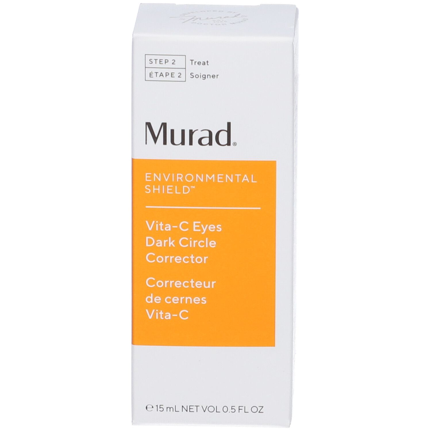 Verpackung von Murad Vita-C Eyes Dark Circle Corrector. Weiße Schachtel mit gelbem Etikett. Produktname und Marke sichtbar.