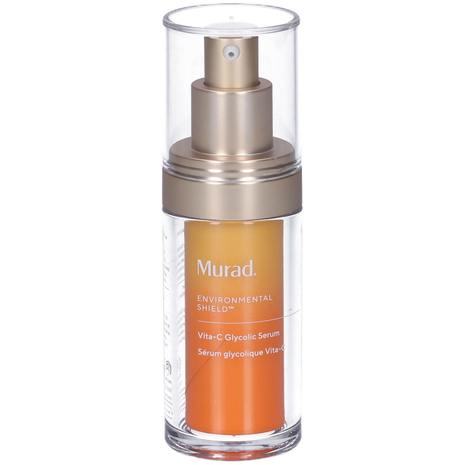 Klarer Behälter mit goldfarbenem Sprühkopf und orangefarbenem Inhalt. Aufschrift: Murad, Vita-C Glycolic Serum.