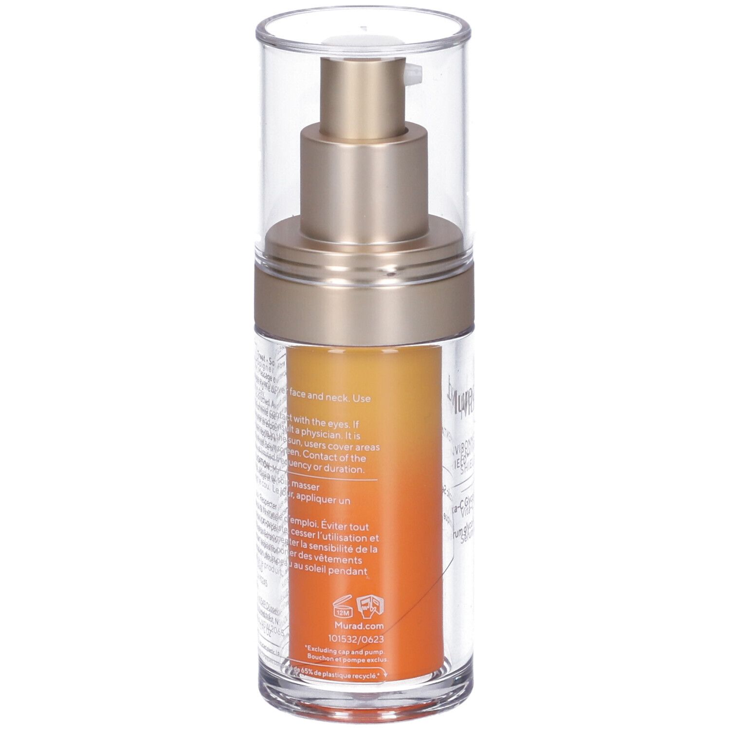 Klarer Behälter mit goldfarbenem Sprühkopf und orangefarbenem Inhalt. Aufschrift: Murad, Vita-C Glycolic Serum. Rückseite mit Text.