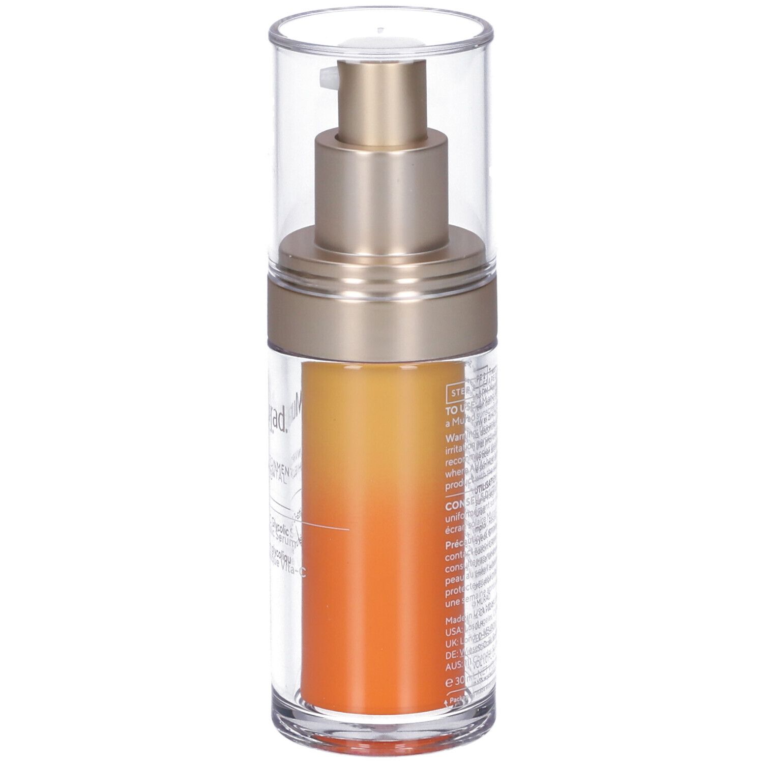 Klarer Behälter mit goldfarbenem Sprühkopf und orangefarbenem Inhalt. Aufschrift: Murad, Vita-C Glycolic Serum. Rückseite mit Text.