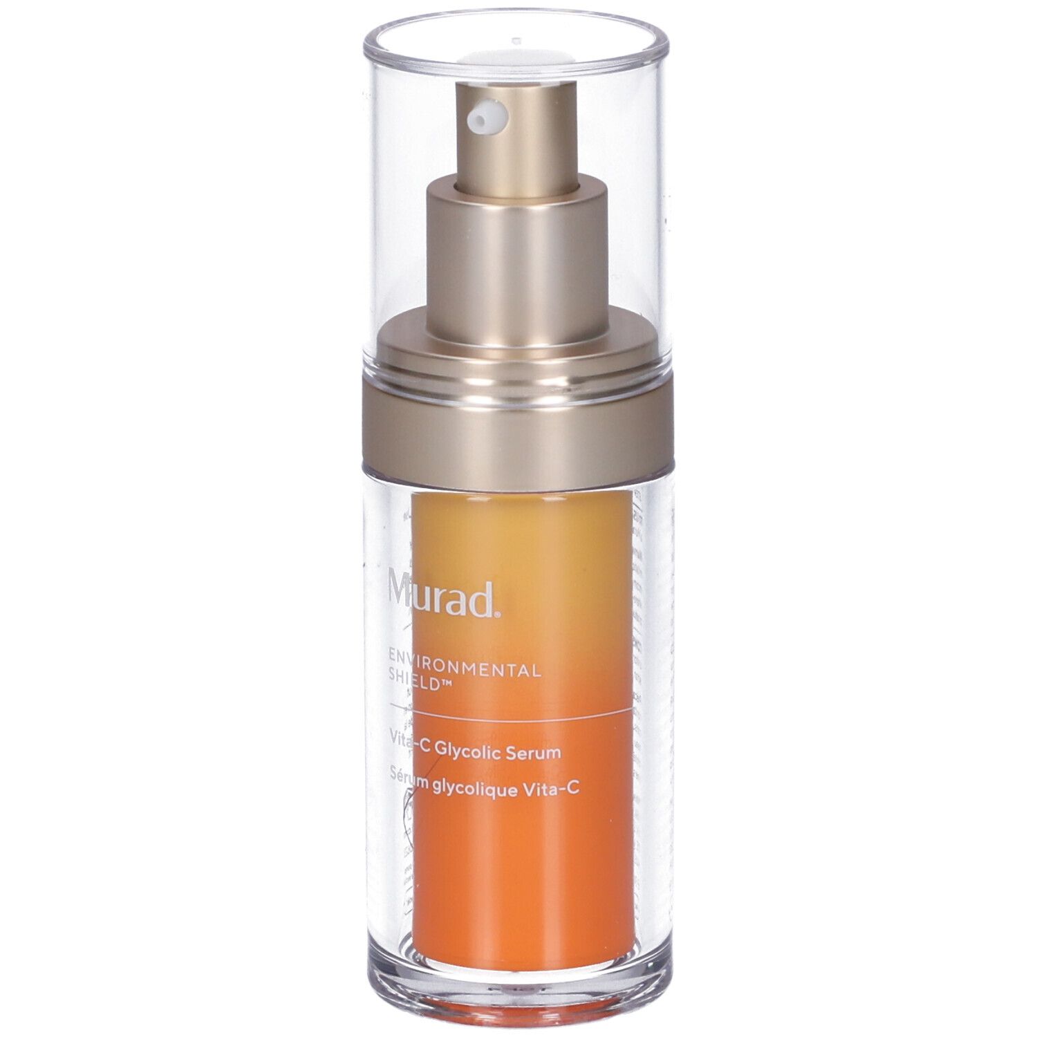 Klarer Behälter mit goldfarbenem Sprühkopf und orangefarbenem Inhalt. Aufschrift: Murad, Vita-C Glycolic Serum.