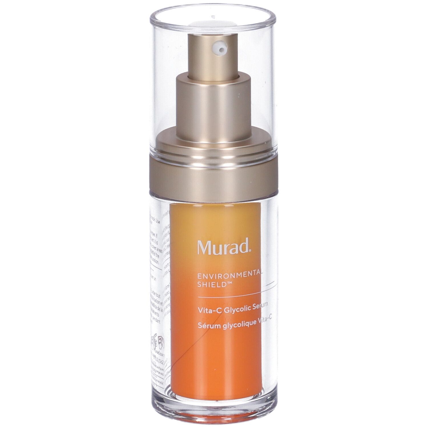Klarer Behälter mit goldfarbenem Sprühkopf und orangefarbenem Inhalt. Aufschrift: Murad, Vita-C Glycolic Serum.
