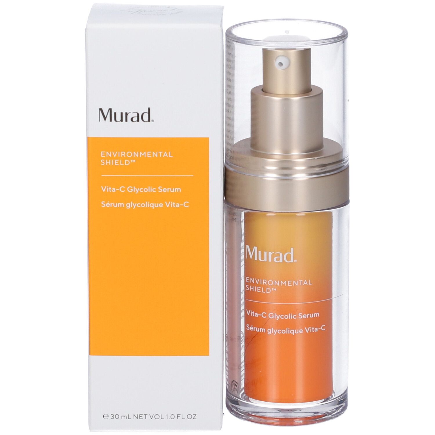 Produktflasche mit Verpackung. Aufschrift: Murad, Vita-C Glycolic Serum. Verpackung weiß mit orangefarbenem Feld.