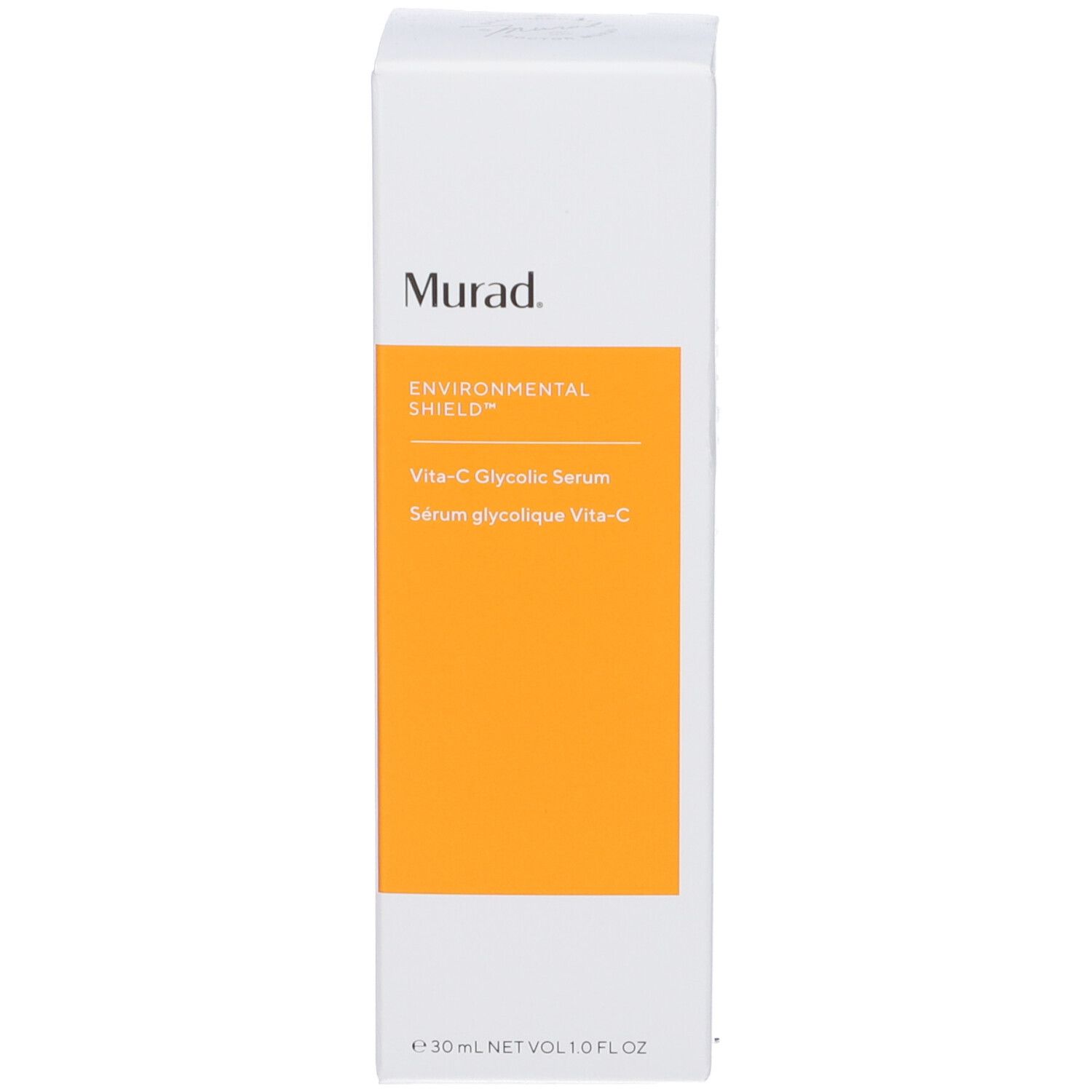 Weiße Verpackung mit orangefarbenem Feld. Aufschrift: Murad, Vita-C Glycolic Serum.