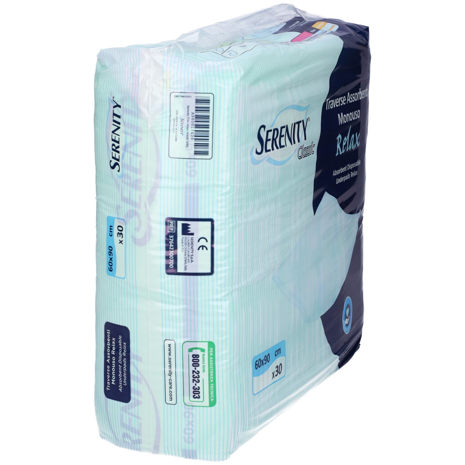 Verpackung Serenity Classic Relax Inkontinenzunterlagen. Seitenansicht. Größe 60x90 cm, 30 Stück. Mit CE-Kennzeichnung und weiteren Informationen.