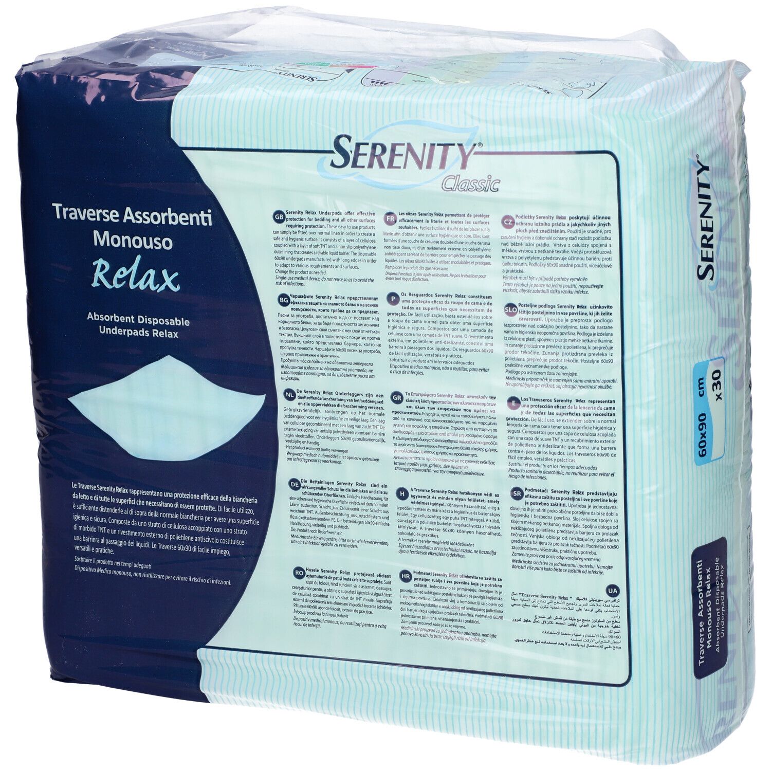 Verpackung Serenity Classic Relax Inkontinenzunterlagen. Rückseite mit Produktinformationen in verschiedenen Sprachen. Größe 60x90 cm, 30 Stück.