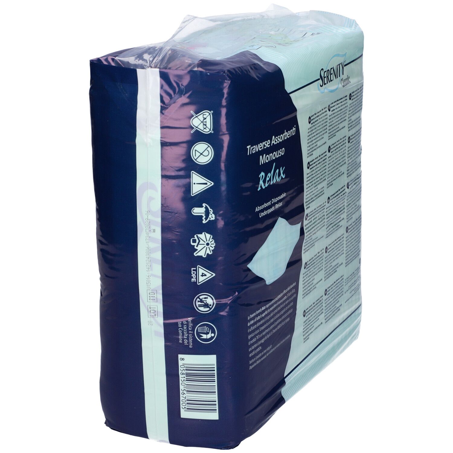 Seitenansicht der Verpackung Serenity Classic Relax Inkontinenzunterlagen. Warnhinweise und Produktinformationen. Größe 60x90 cm, 30 Stück.