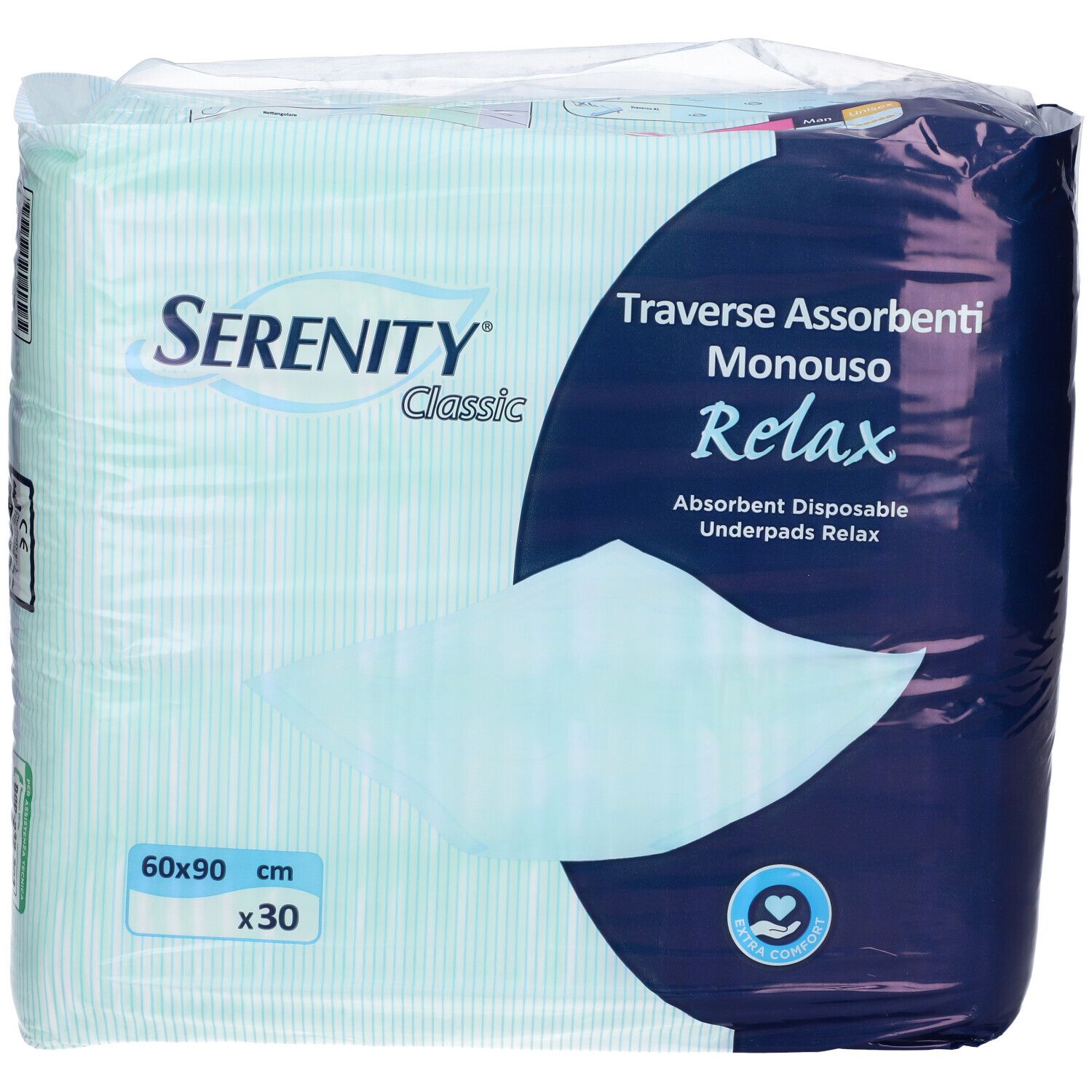 Verpackung Serenity Classic Relax Inkontinenzunterlagen. Vorderansicht. Größe 60x90 cm, 30 Stück. Blaue und weiße Verpackung mit Produktinformationen.