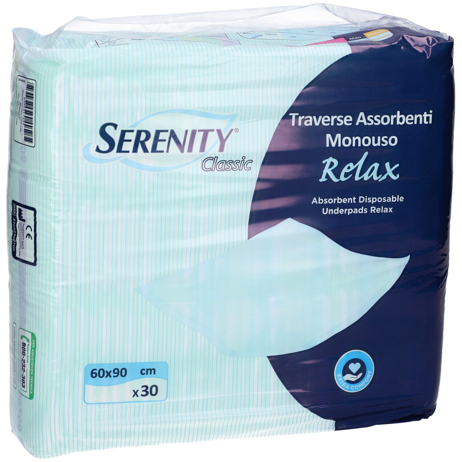 Verpackung Serenity Classic Relax Inkontinenzunterlagen. Vorderansicht. Größe 60x90 cm, 30 Stück. Mit CE-Kennzeichnung und Produktinformationen.
