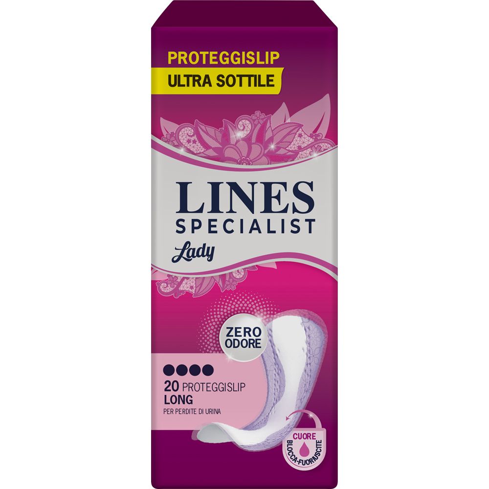 Verpackung von Lines Specialist Lady Proteggislip Long. Violett-weißes Design. 20 Stück. Ultra sottile.