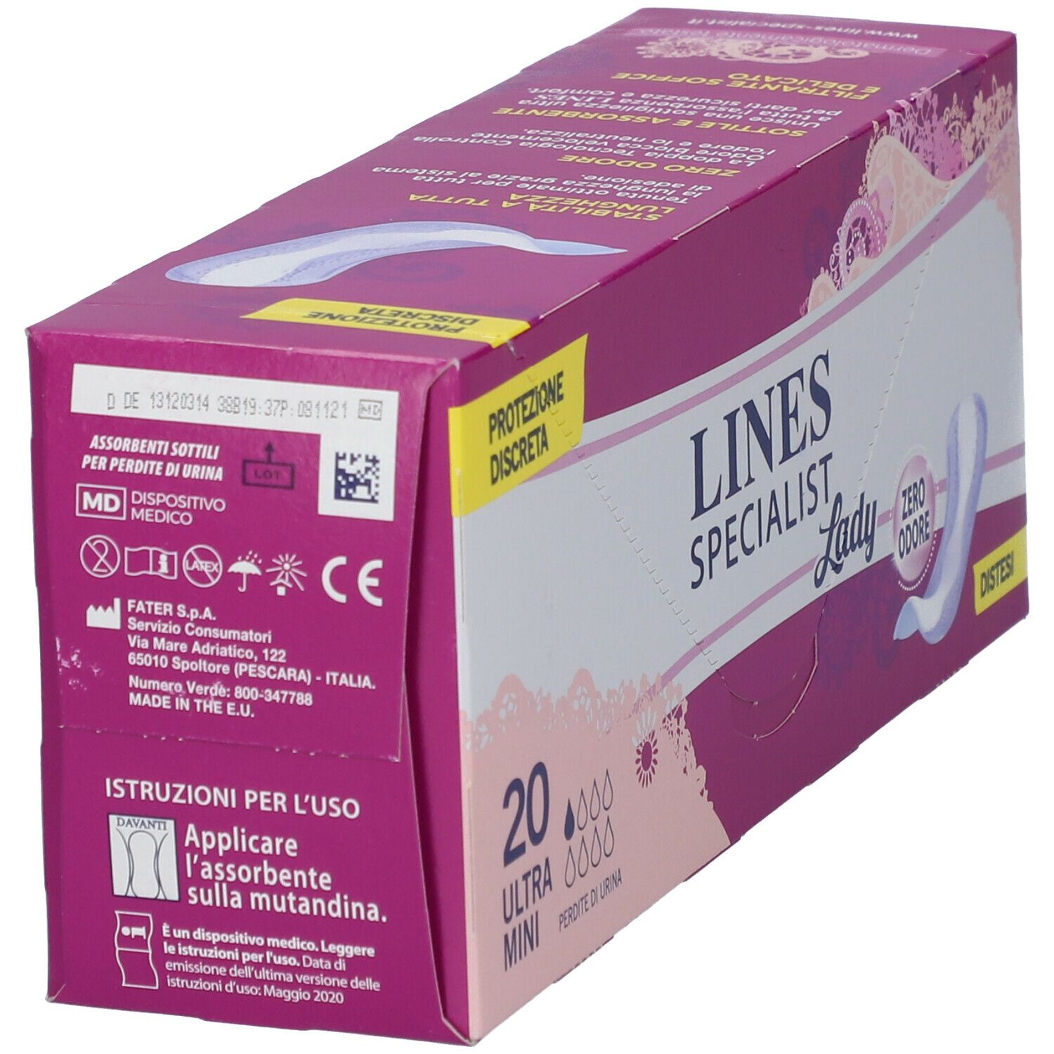 Confezione LINES Specialist Lady. Retro con informazioni sul prodotto e marchio CE.