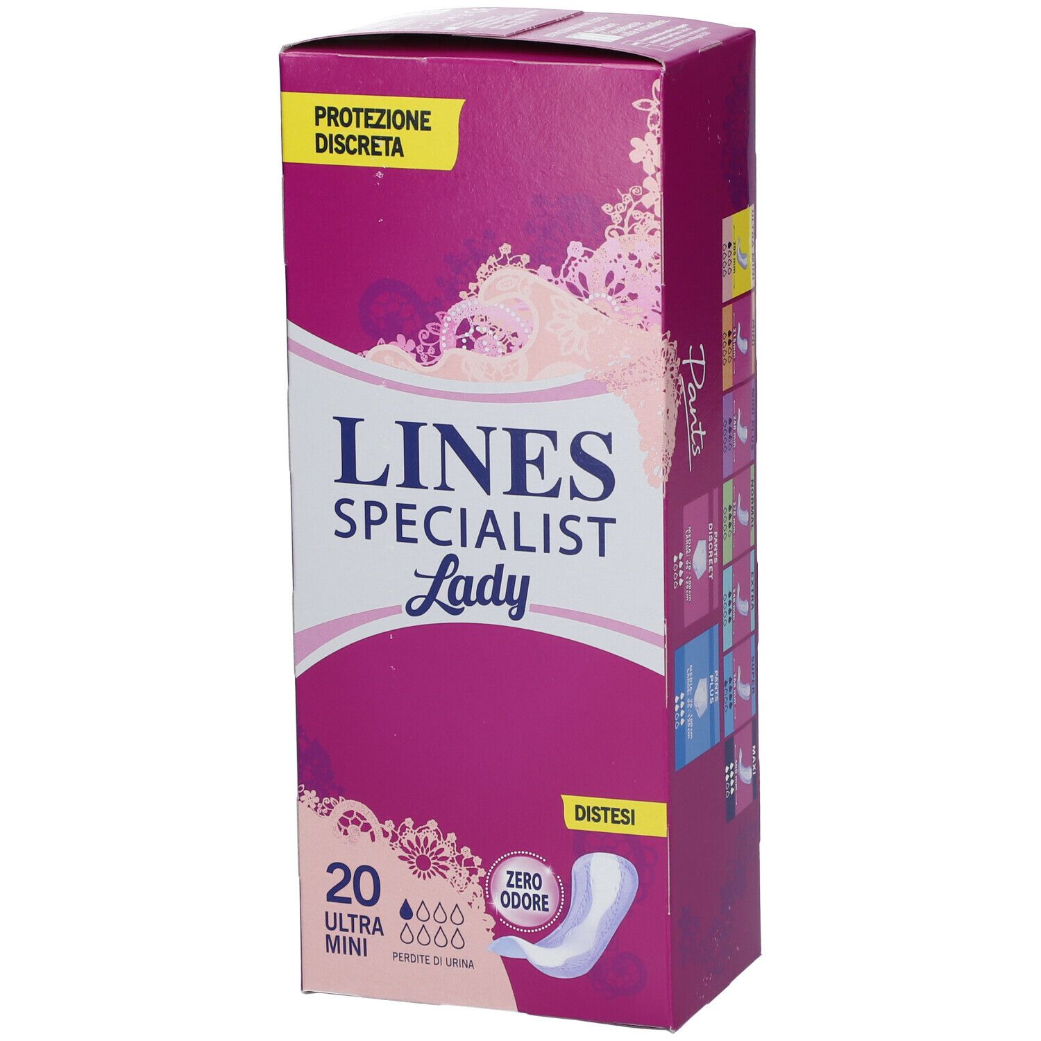 Confezione LINES Specialist Lady. Confezione rosa e bianca con immagine e 20 Ultra Mini.