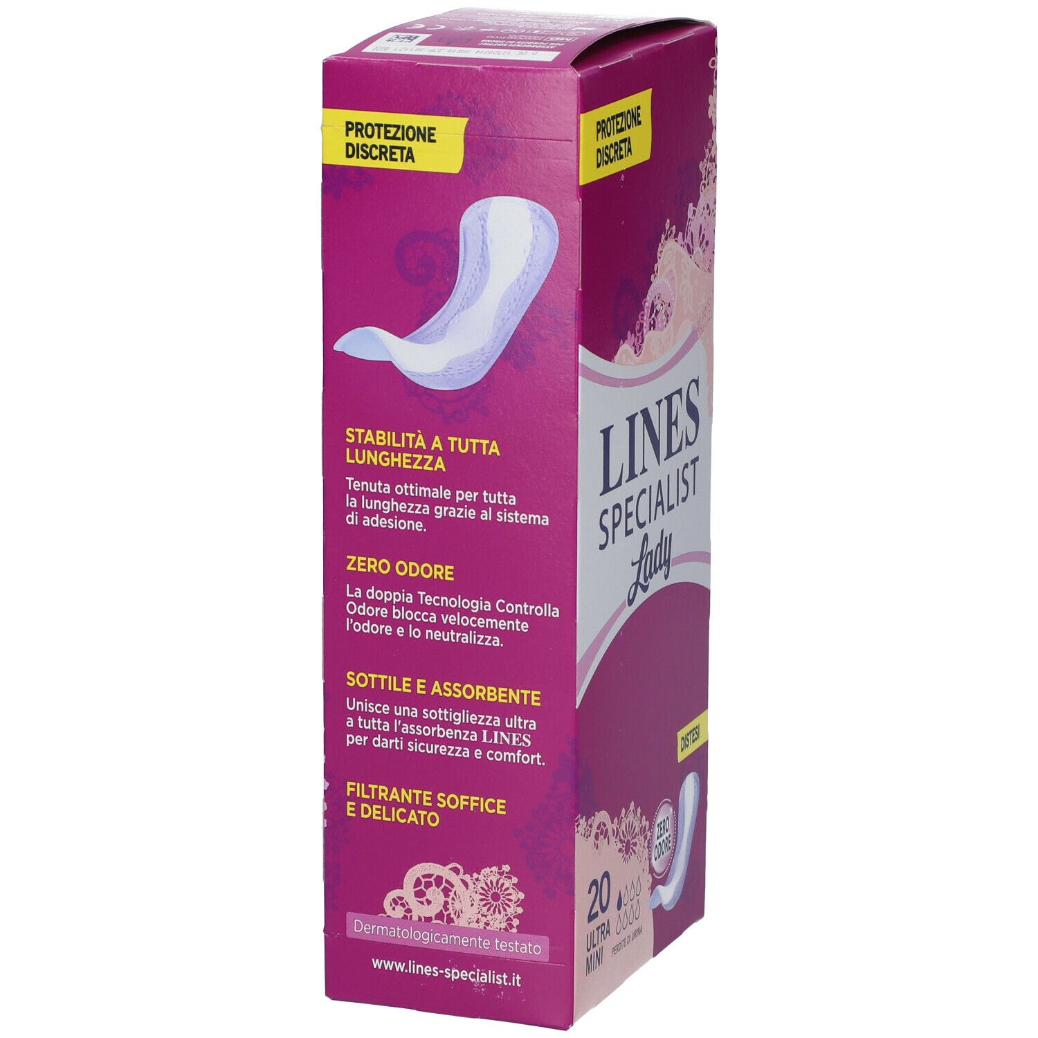 Confezione LINES Specialist Lady. Vista laterale con informazioni e caratteristiche del prodotto.