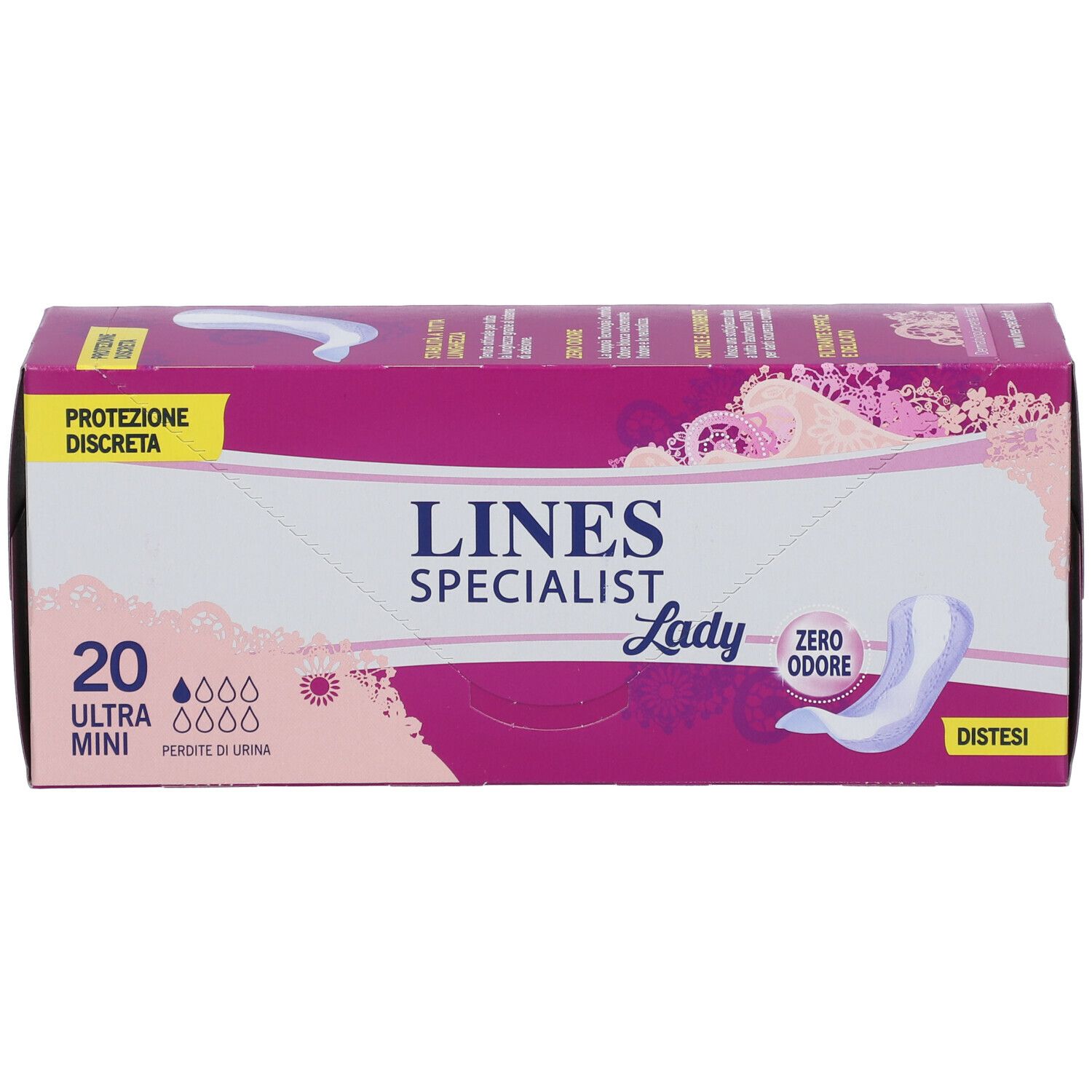 Confezione LINES Specialist Lady. 20 Ultra Mini. Confezione rosa e bianca con immagine del prodotto.