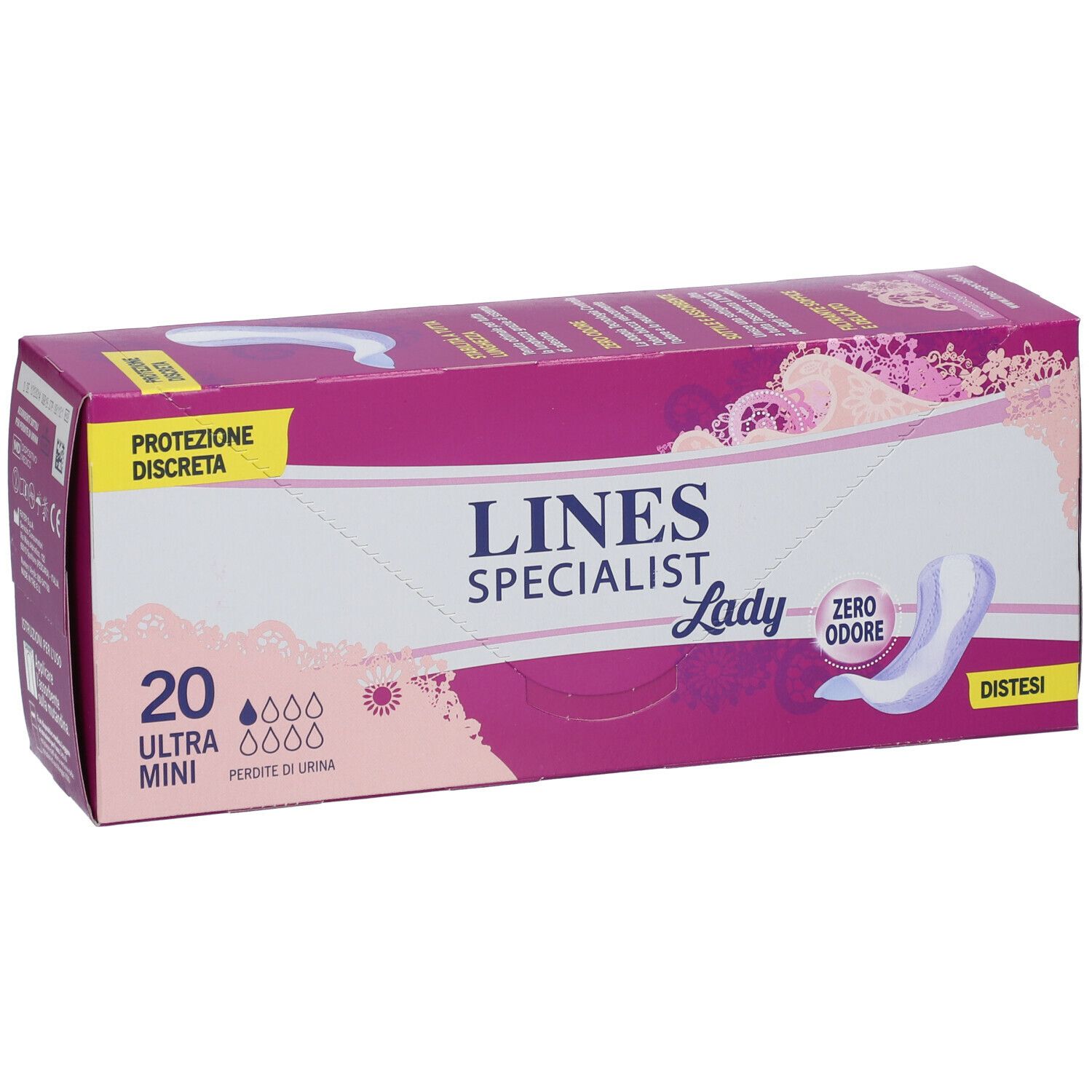 Confezione LINES Specialist Lady. 20 Ultra Mini. Confezione rosa e bianca con immagine del prodotto.