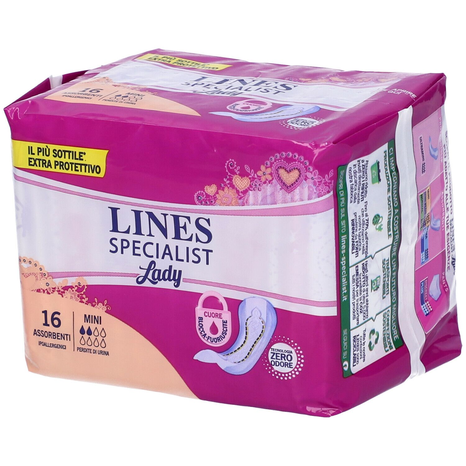 Confezione di LINES Specialist Lady Mini, 16 pezzi. Design rosa e bianco con immagine e testo del prodotto.